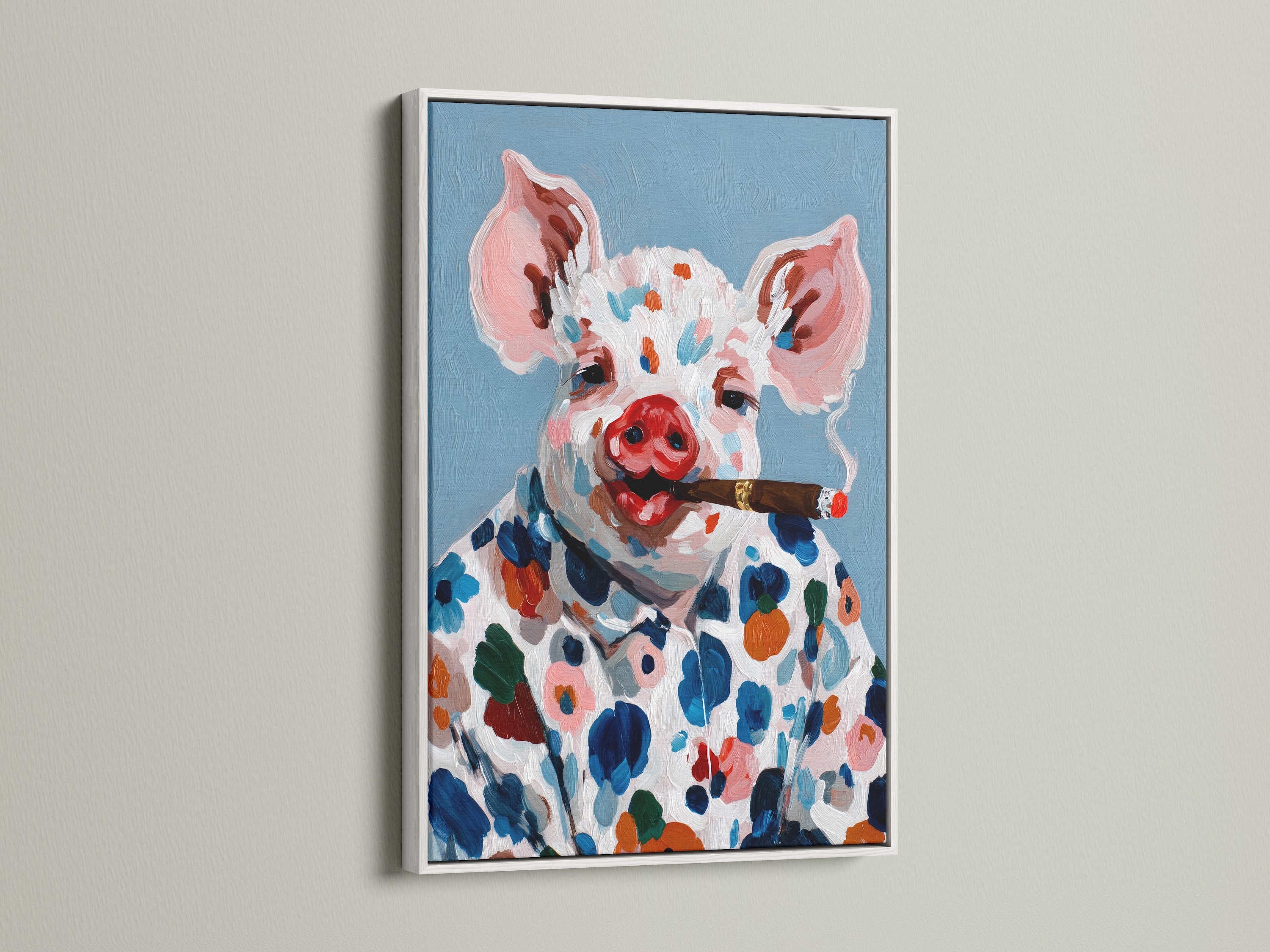 A vibrant pig art canvas print is presented in a white frame. The artwork features a colorful farm animal with a cigar. This whimsical kitchen decor is perfect for adding a playful touch to your home. The pig artwork brings a quirky and humorous vibe. It's a delightful addition to any art collection.