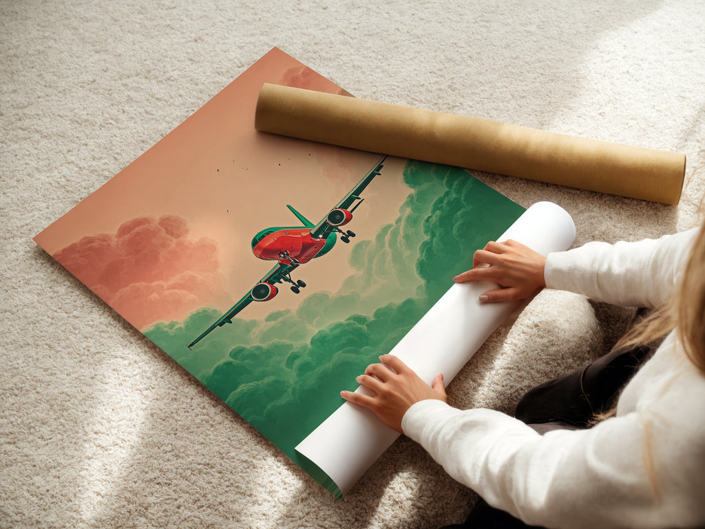 A woman carefully rolls a fine art poster paper. This showcases the care in handling aviation artwork. The teal and coral sky poster is ready for framing. The modern art print is perfect for travel enthusiasts. High-quality materials ensure lasting beauty. Get your travel poster today