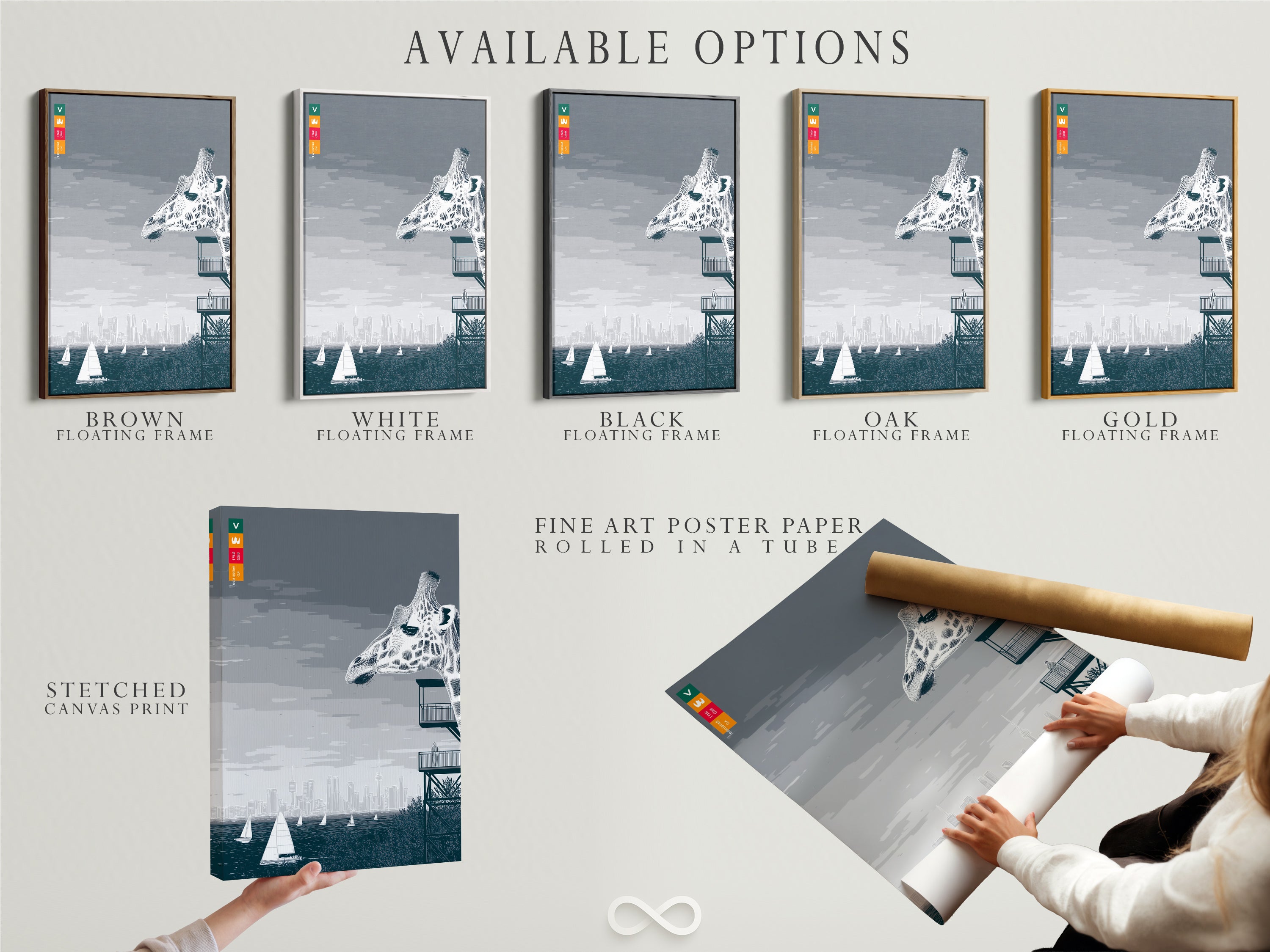 Explore available options for this giraffe artwork. Choose from a stretched canvas print fine art poster paper or a floating frame. Each option highlights the modern gray and blue city skyline art beautifully.