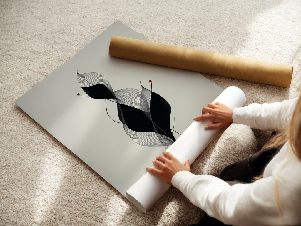 A woman is carefully rolling a fine art poster paper. The poster paper is high quality. It ensures vibrant colors and sharp details. Preserving the artwork is important. Explore our range of fine art paper options. They are perfect for printing artwork.