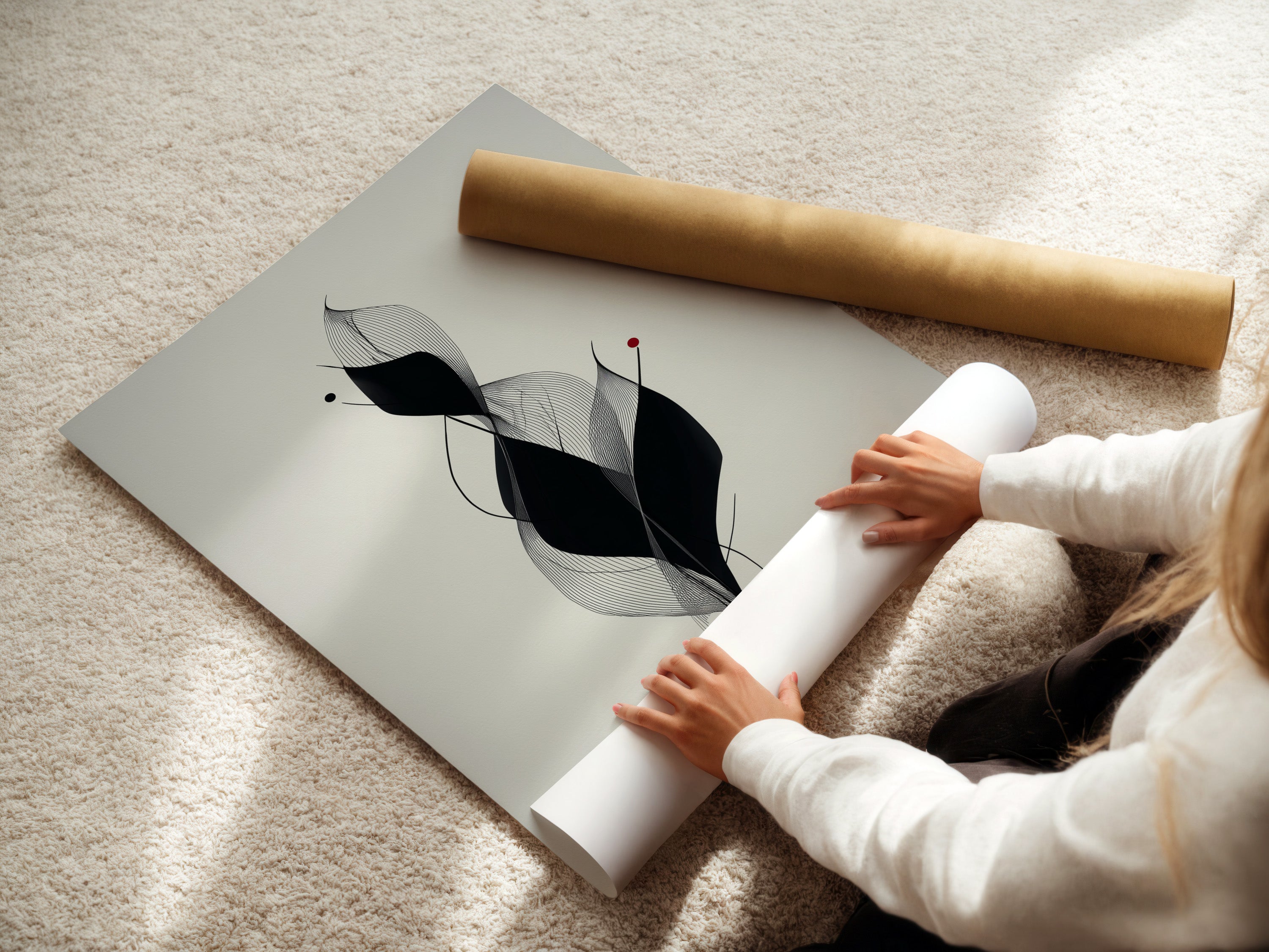 A woman is carefully rolling a fine art poster paper. The poster paper is high quality. It ensures vibrant colors and sharp details. Preserving the artwork is important. Explore our range of fine art paper options. They are perfect for printing artwork.