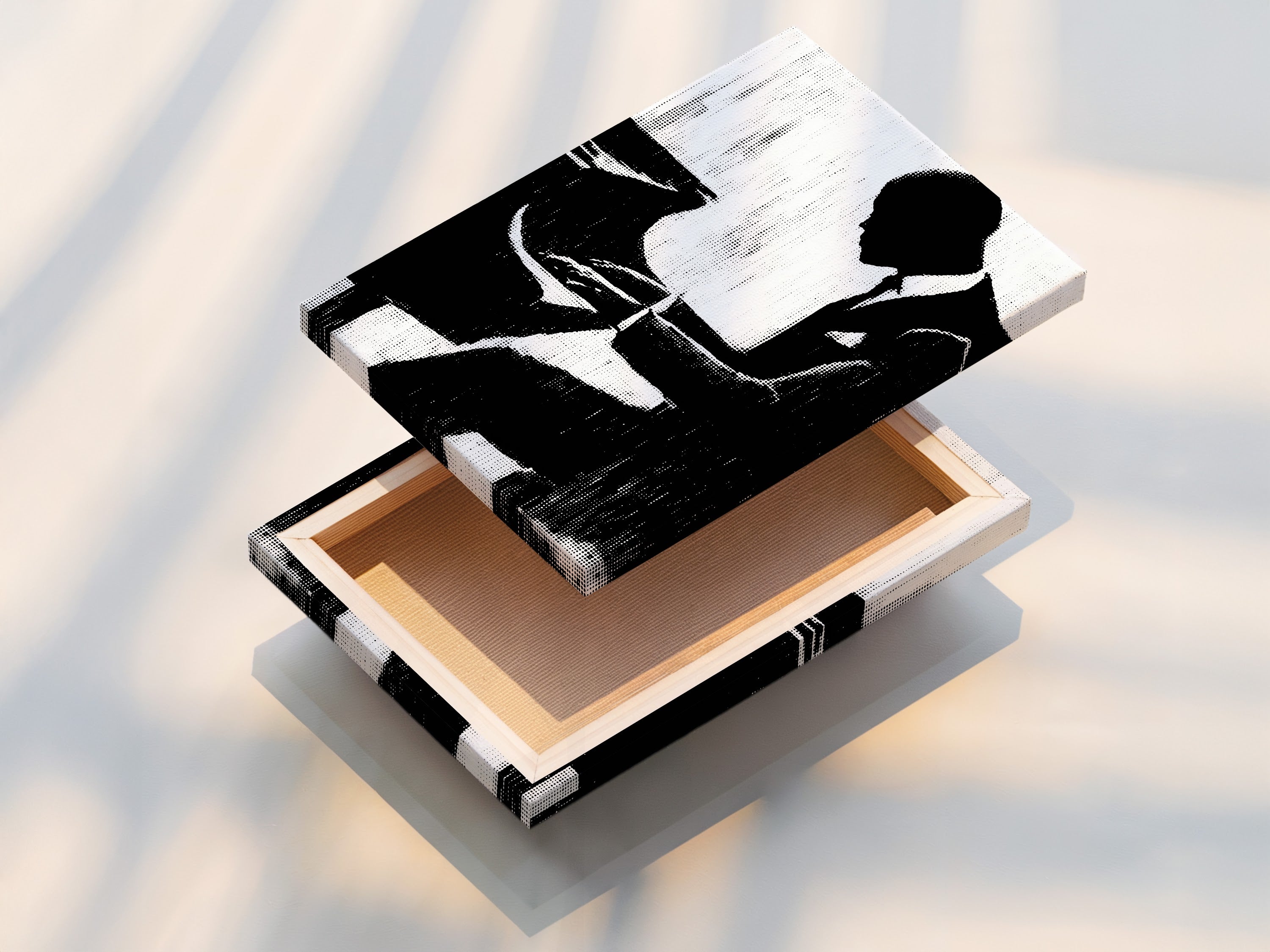 This is a stretched canvas print of a musician silhouette art print. The black and white jazz wall art enhances any room. This vintage music poster is ideal for office decor. It's a musician poster and music lover gift.