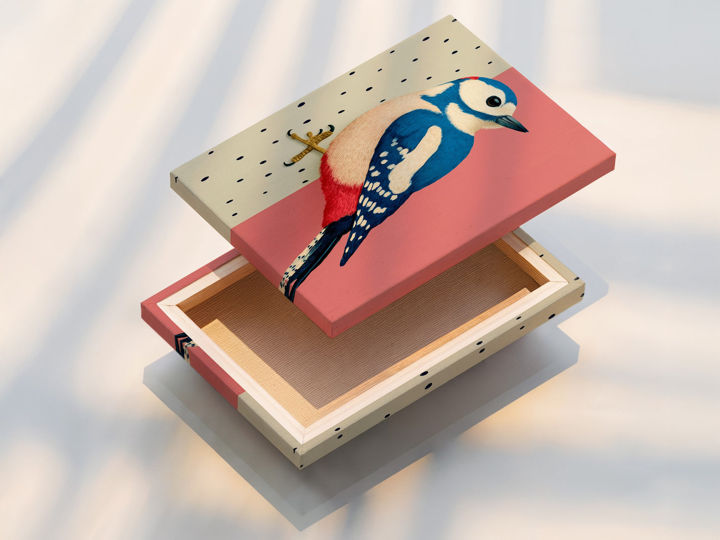 This showcases a stretched canvas print. The Woodpecker bird art is vibrant and ready to hang. The modern art print brings a touch of nature. It will add a pop of color to your living space. Perfect for eclectic styles.