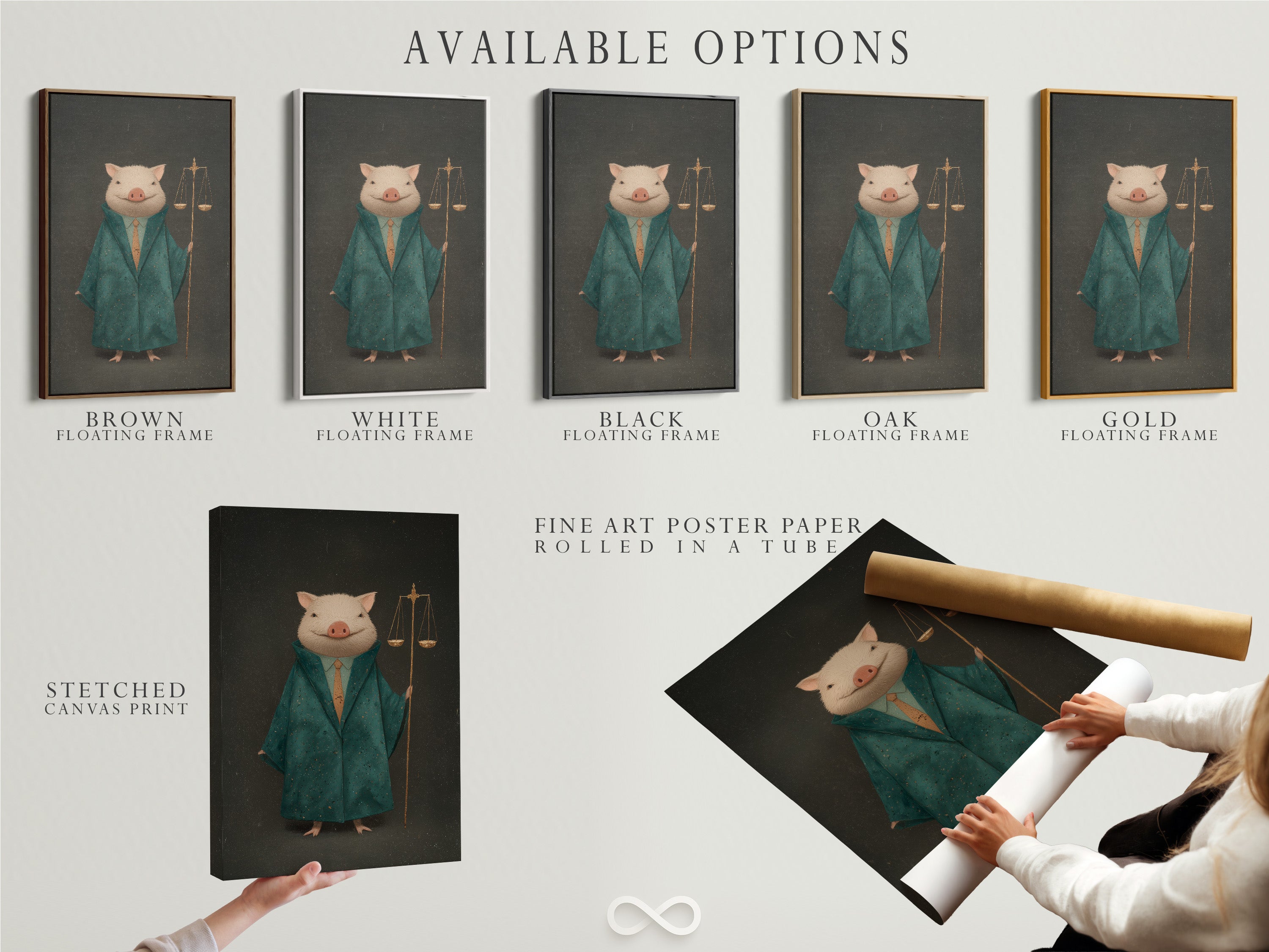 Explore the available options for the Lawyer Pig artwork. Choose from a stretched canvas print fine art poster paper or floating frame. This legal office art is perfect for law firm decor. A unique gift for attorneys. Victorian style in green and gold.