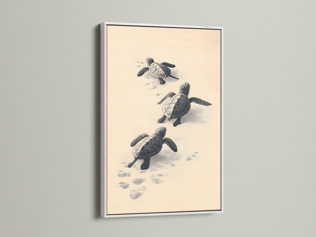 Baby Turtles Beach Wall Art with a white frame. This coastal nursery decor brings a calming touch. The white frame enhances the artwork. It is ideal for a serene bathroom or kid's room.