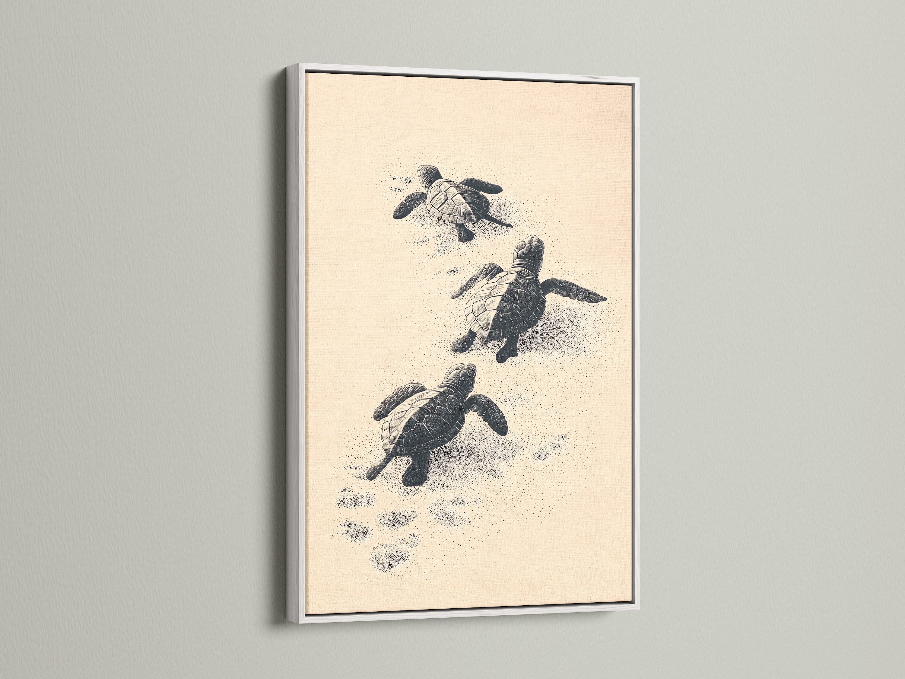 Baby Turtles Beach Wall Art with a white frame. This coastal nursery decor brings a calming touch. The white frame enhances the artwork. It is ideal for a serene bathroom or kid's room.