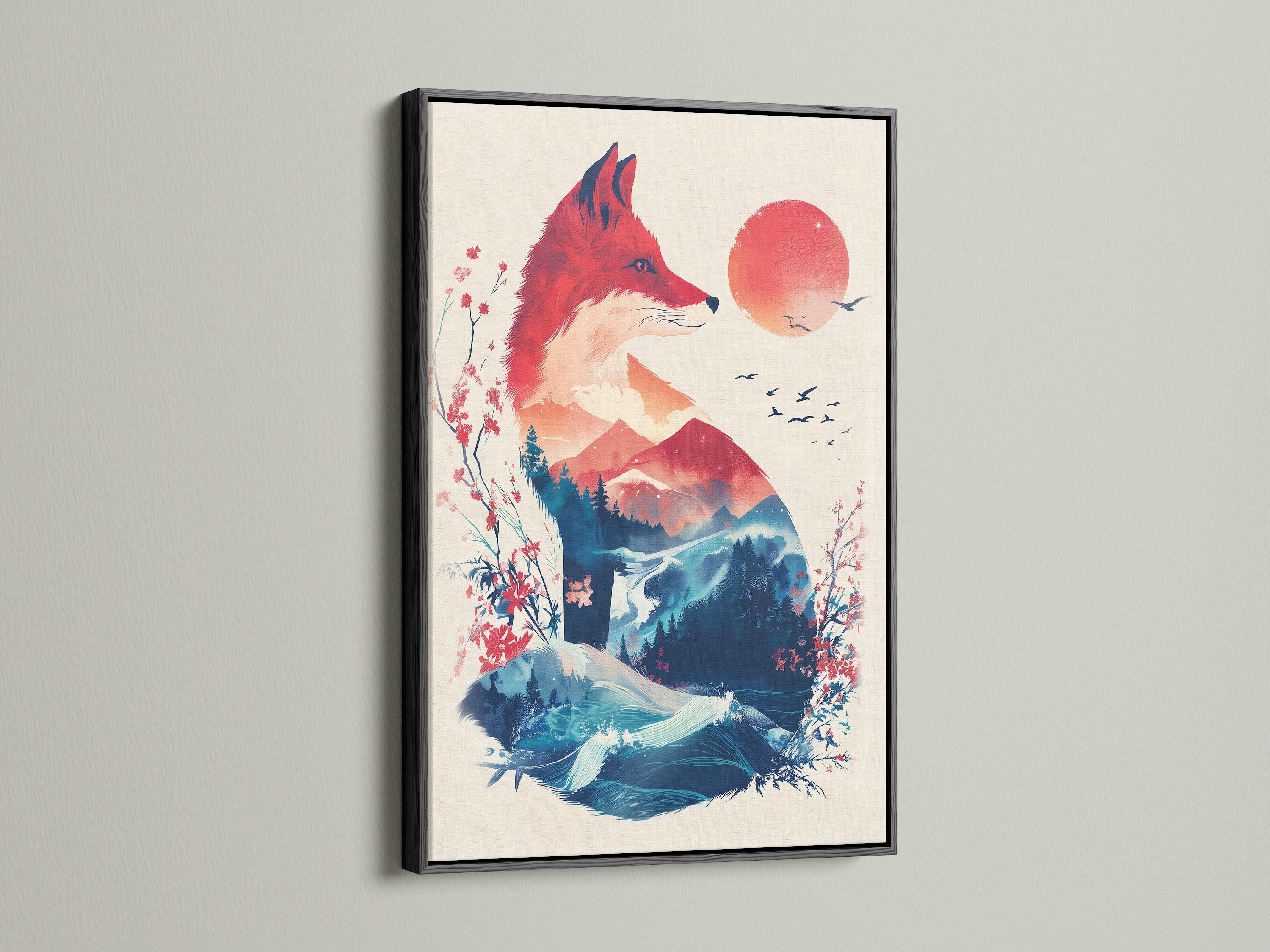 A fox artwork with nature elements is displayed in a black frame. The art features a fox silhouette filled with mountains. The artwork offers a modern touch. It can enhance any room's aesthetic. It serves as a unique focal point for home decor.