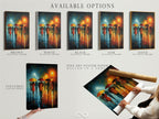 Available options for the rainy city walk artwork. Choose from a stretched canvas print a fine art poster paper or a floating frame. Each option enhances the modern artwork's appeal. Perfect for any space.
