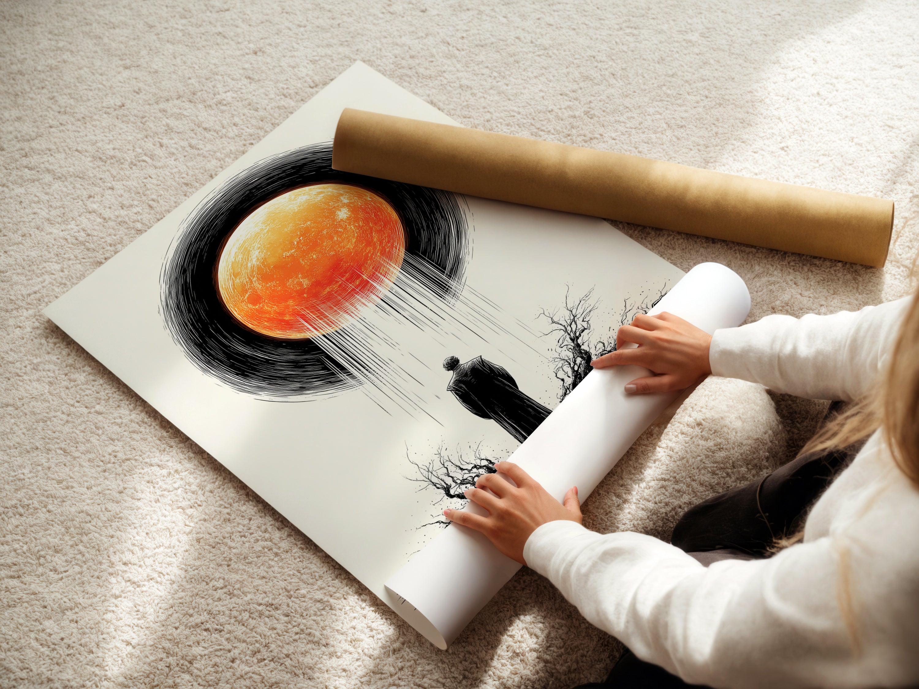 A woman is carefully rolling a fine art poster paper. Preparing a surreal eclipse art print for display. This celestial print is perfect for modern wall decor. Ideal for adding a touch of visionary art to your space.