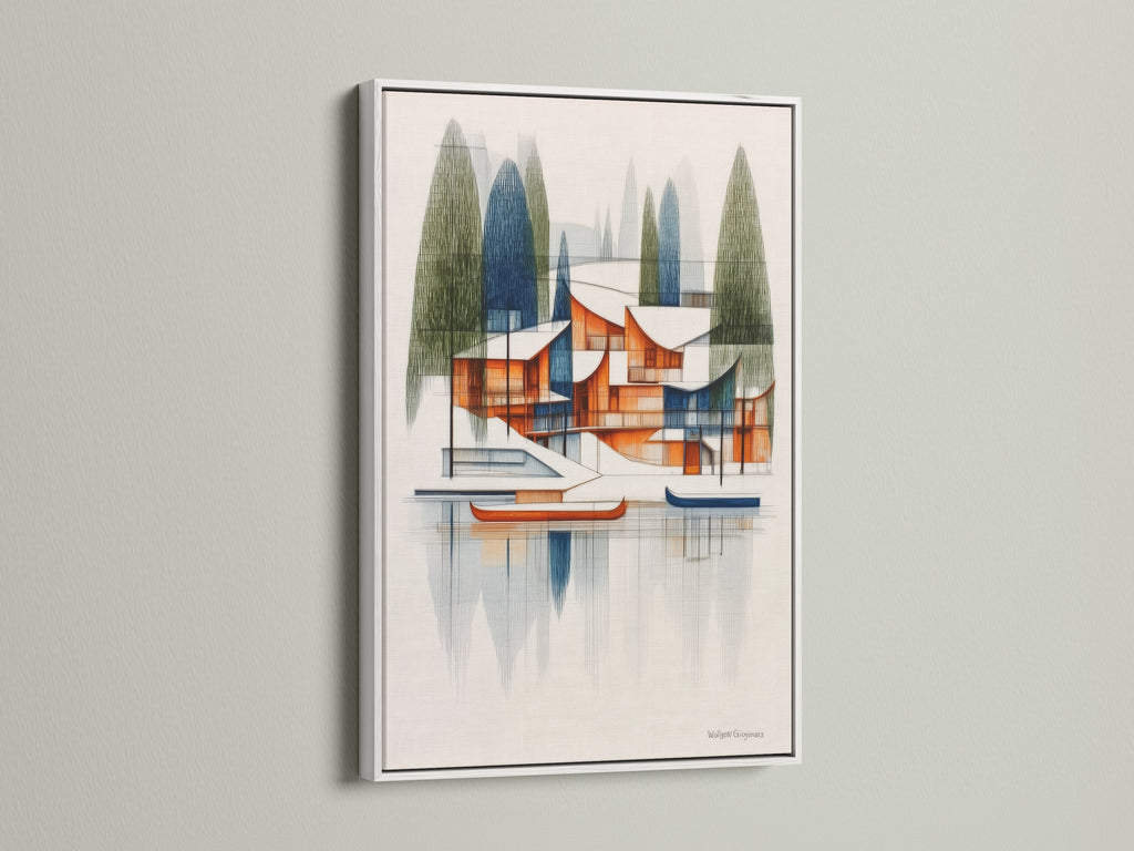 A white frame highlights an architectural lake house artwork. This mid-century modern piece adds geometric lake scenery to your space. The white frame offers a clean contemporary look. It is perfect for minimalist or modern interiors.