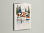 A white frame highlights an architectural lake house artwork. This mid-century modern piece adds geometric lake scenery to your space. The white frame offers a clean contemporary look. It is perfect for minimalist or modern interiors.