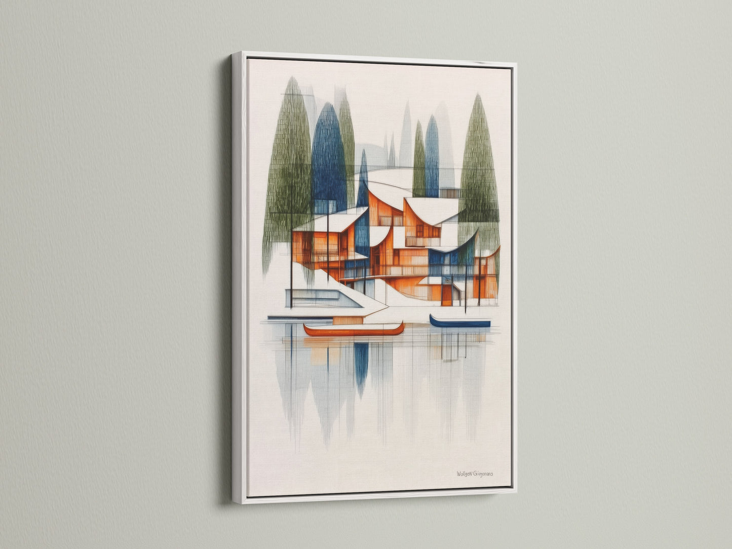 A white frame highlights an architectural lake house artwork. This mid-century modern piece adds geometric lake scenery to your space. The white frame offers a clean contemporary look. It is perfect for minimalist or modern interiors.