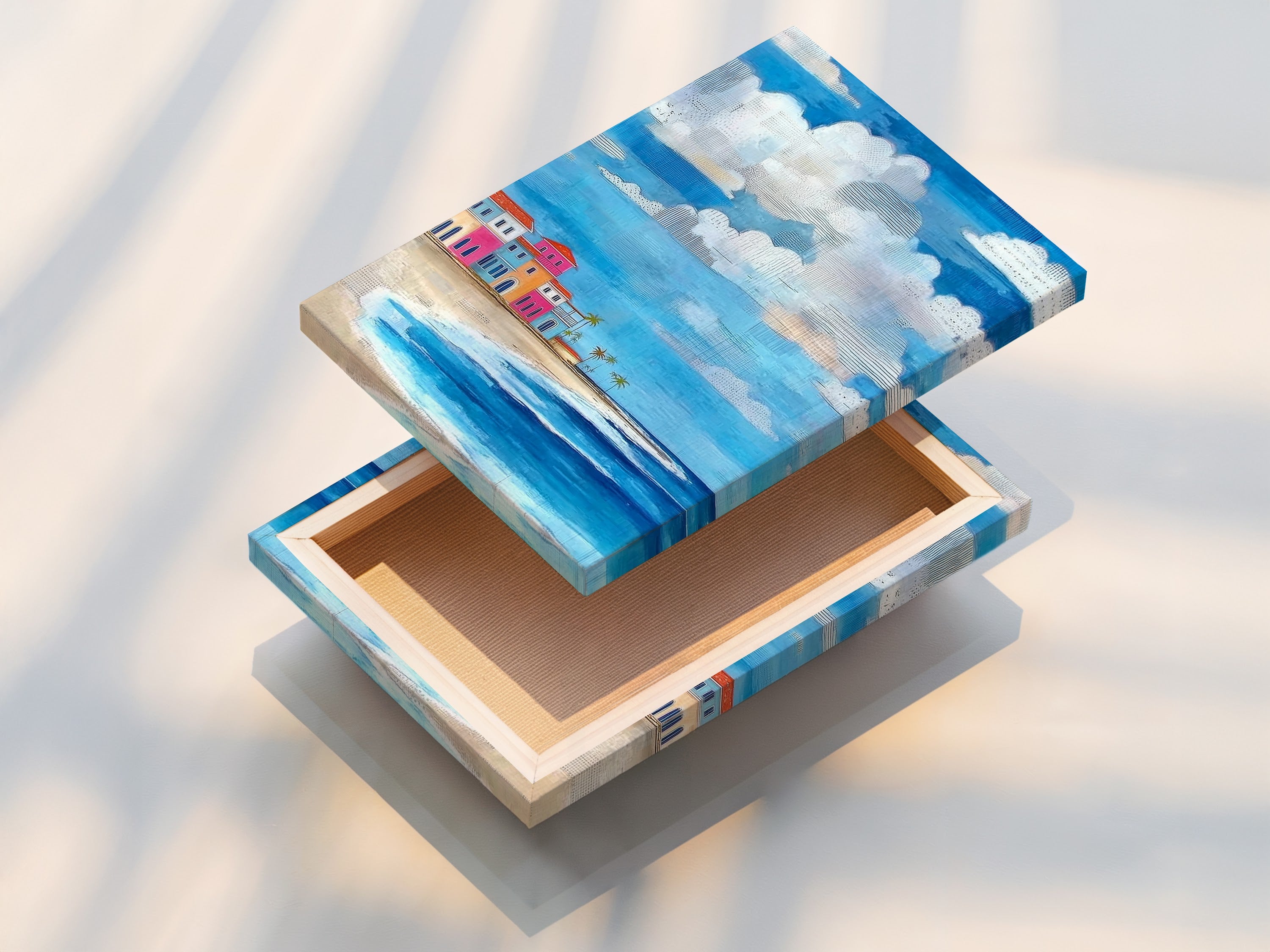 Stretched canvas print featuring coastal beach artwork. The artwork shows colorful beach houses and a turquoise ocean. This stretched canvas is ready to hang. It will add a tropical vibe.