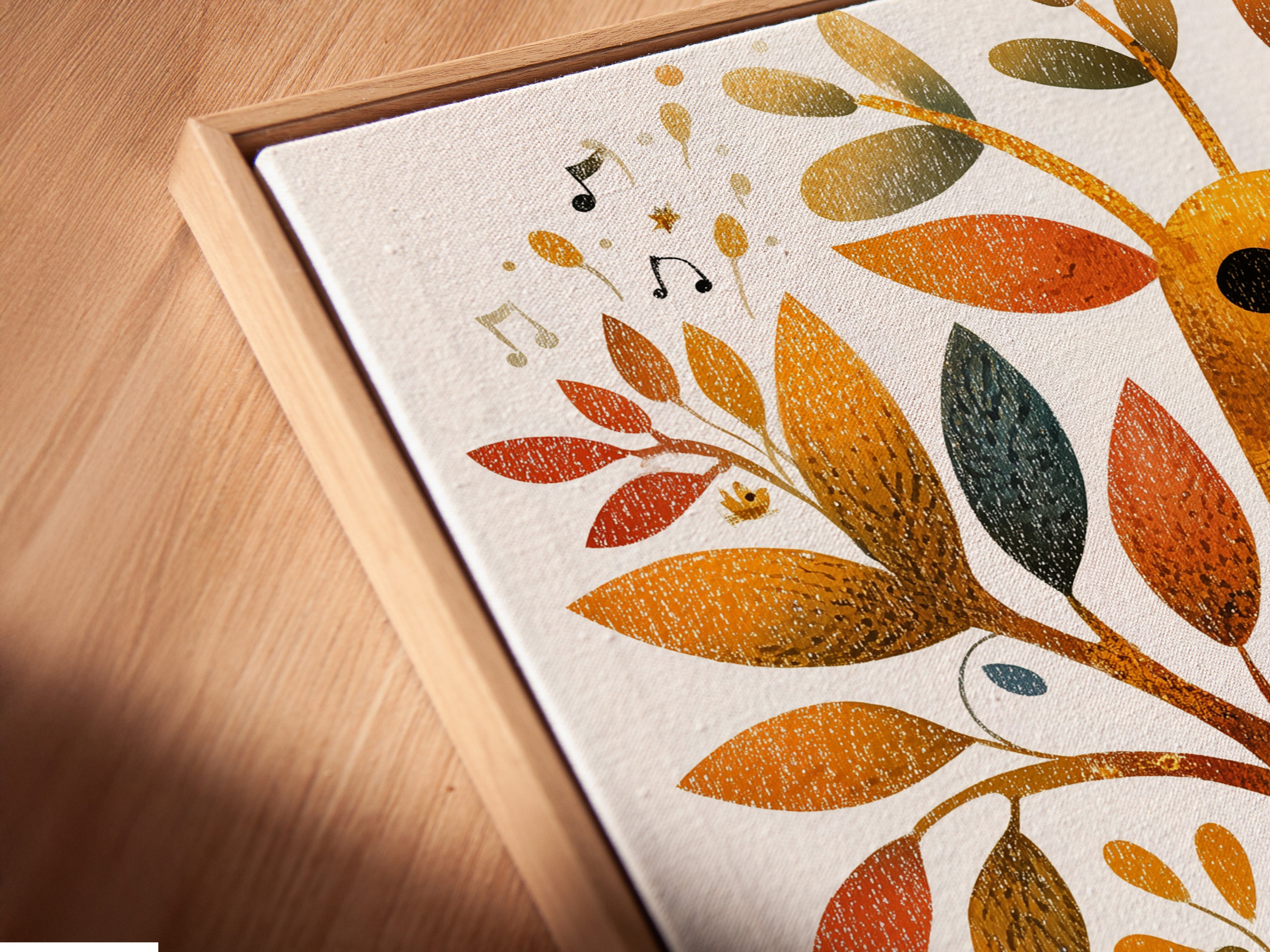 Close-up view of a canvas print in a floating frame. The floating frame enhances the artwork. This gives the illusion of art suspended in air. An elegant and modern way to display your artwork.