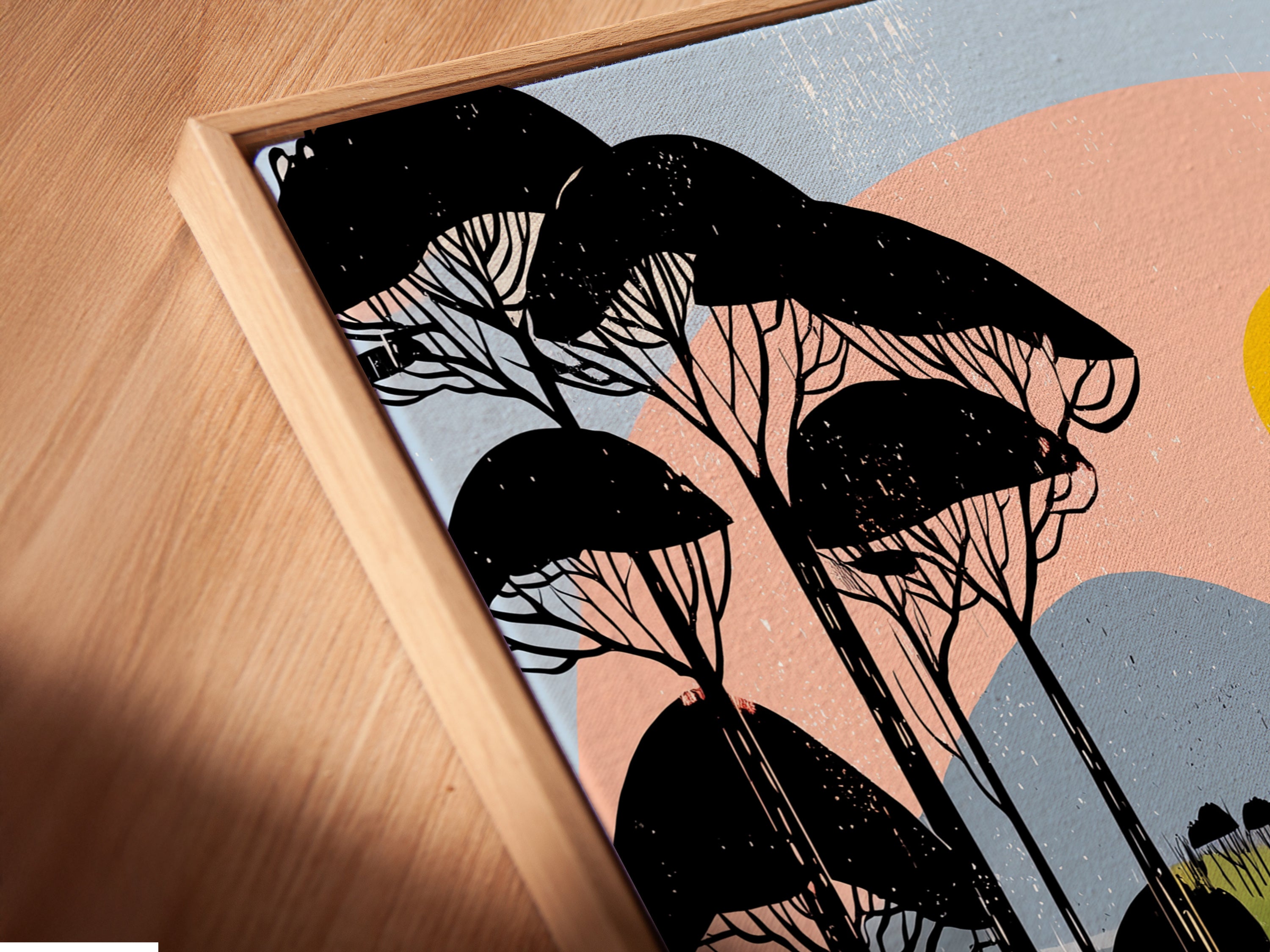 Close up of a canvas print in a floating frame. The abstract lake artwork features colorful geometric shapes. The floating frame enhances the artwork's modern appeal. It gives the illusion that the canvas is floating. Perfect for modern wall decor.