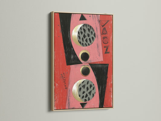 An oak frame elegantly showcases an abstract geometric artwork. The artwork features pink coral black and gold hues. This mid-century modern piece enhances bedroom decor and complements minimalist Scandinavian or eclectic styles. Perfect for homeowners renters and boutique owners