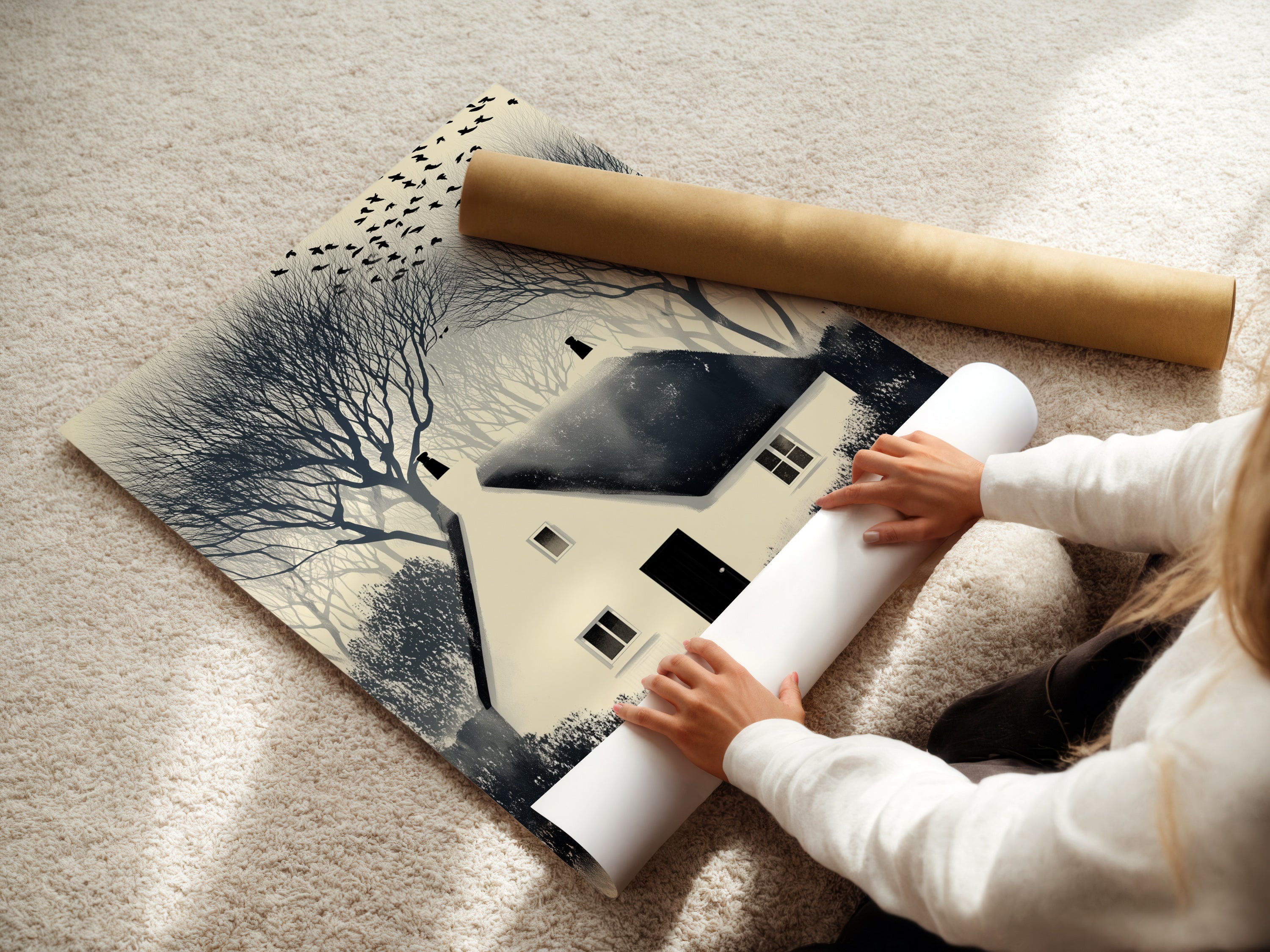 A woman is carefully rolling a fine art poster paper print of the Winter Cottage artwork. This shows the care and quality of our prints. Ideal for those who appreciate fine art and countryside landscapes in their home decor.