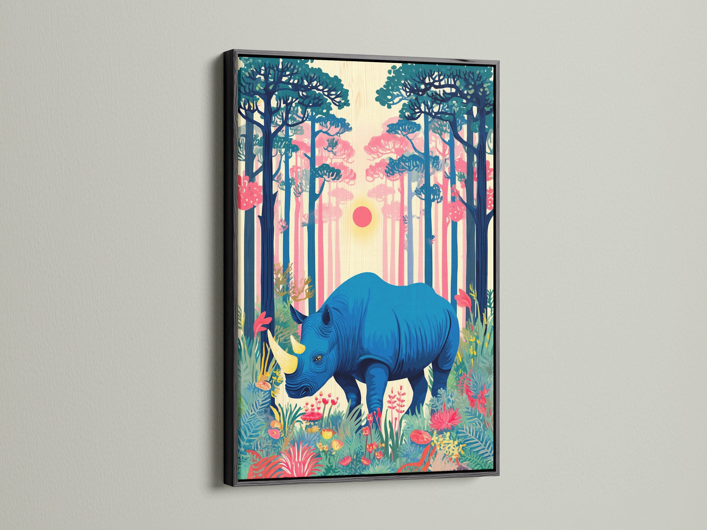 A bold black frame highlights the blue rhino artwork. This wildlife canvas adds a dramatic touch to your wall decor. The tropical print stands out in this elegant frame. Ideal for creating a focal point in your home. Enjoy this vibrant art print.
