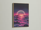 The celestial moon artwork is showcased in an oak frame. The pink cloud print enhances the dreamy sky art. It is perfect for a bedroom. This moonscape print brings cosmic beauty to any room. Elevate your space with this stunning artwork.