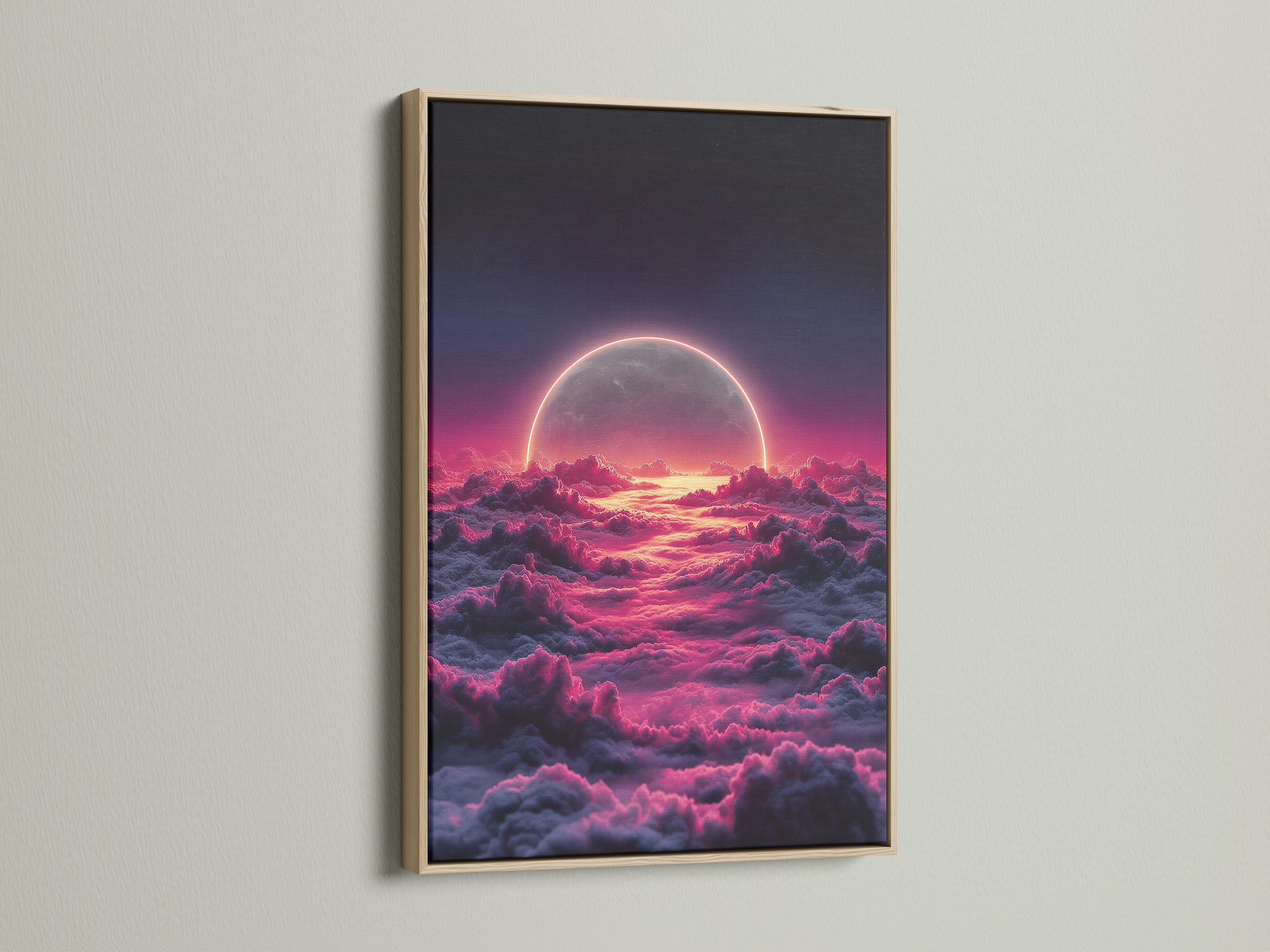The celestial moon artwork is showcased in an oak frame. The pink cloud print enhances the dreamy sky art. It is perfect for a bedroom. This moonscape print brings cosmic beauty to any room. Elevate your space with this stunning artwork.