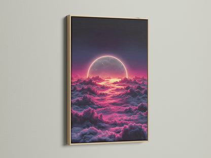 The celestial moon artwork is showcased in an oak frame. The pink cloud print enhances the dreamy sky art. It is perfect for a bedroom. This moonscape print brings cosmic beauty to any room. Elevate your space with this stunning artwork.