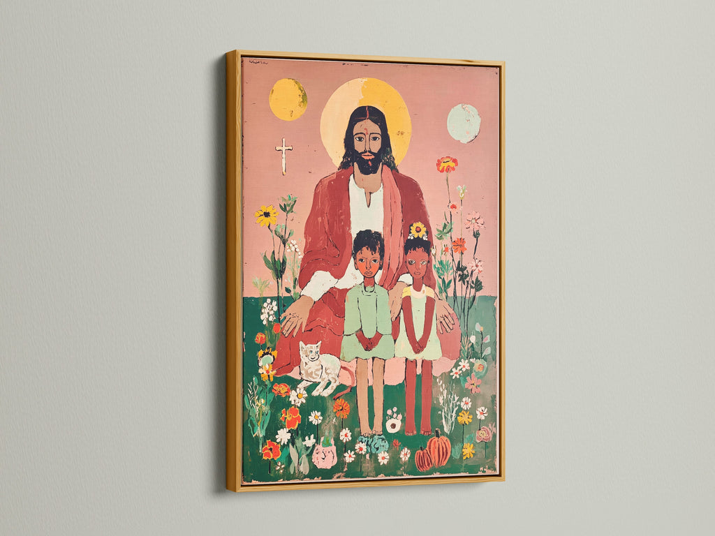 Religious Canvas featuring Jesus Christ with two children in a golden frame. The folk art print is perfect for a Christian nursery or kids' room. This faith based art adds a spiritual touch to any decor. Explore this Jesus artwork today.