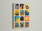 White frame. This beautiful artwork showcases a grid of tropical-themed squares. The art includes palm trees monstera leaves and other tropical plants. Its a great piece to add a touch of paradise to any room. The white frame enhances the vibrant colors.
