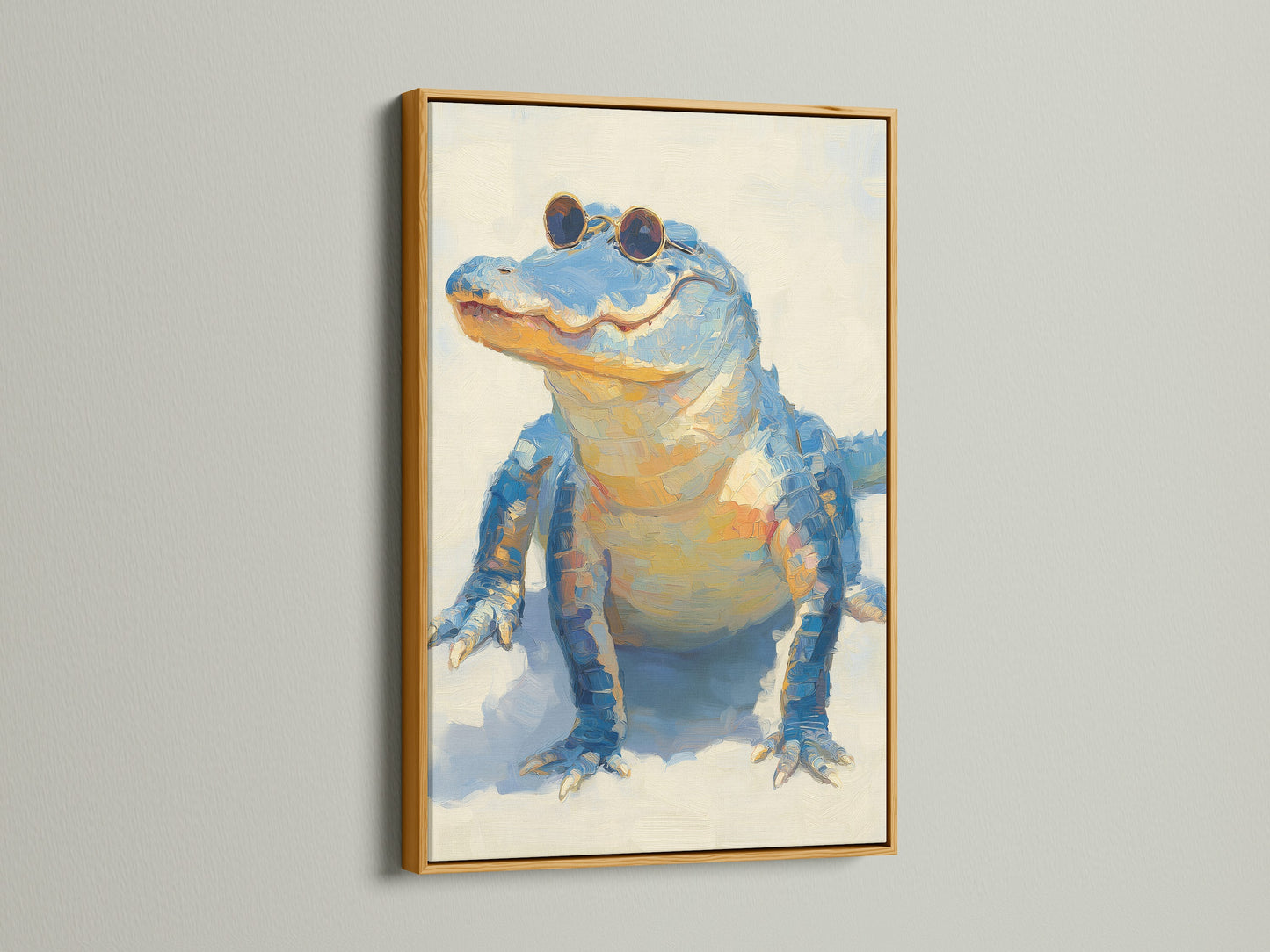 Framed cool alligator artwork with a gold frame. The whimsical animal wall art features a quirky wildlife poster. The gold frame adds elegance to the blue animal print.