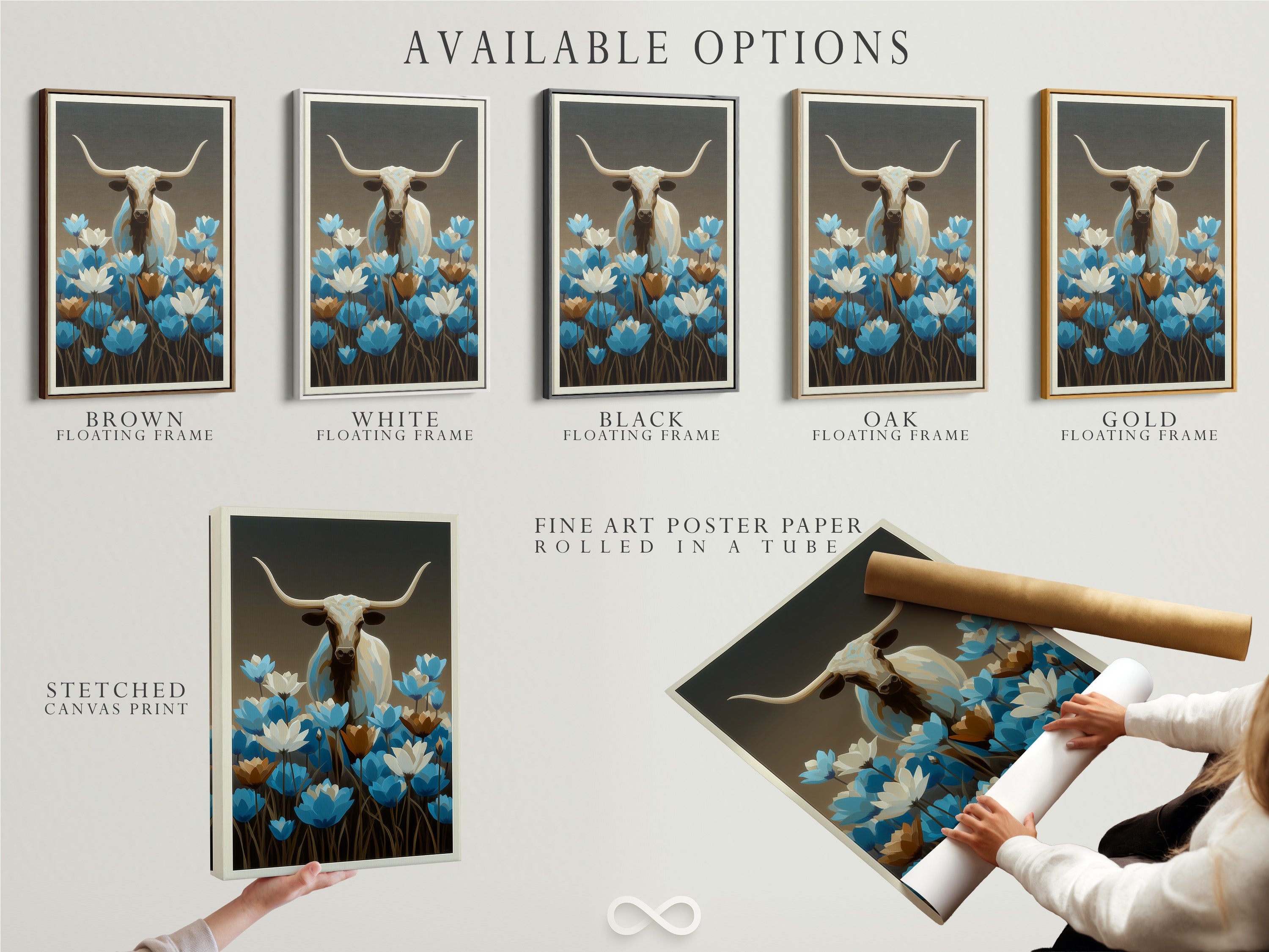 Explore available options for longhorn bull art. Choose between a stretched canvas print fine art poster paper or a floating frame. The blue wildflowers and Western theme add charm to any room. Perfect for modern farmhouse decor.