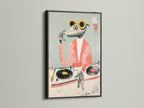A framed Frog DJ art print features a sleek black frame. The black frame creates a modern contrast for the animal music art. It adds sophistication to hipster animal art. This cool animal print is a great choice for contemporary wall decor.