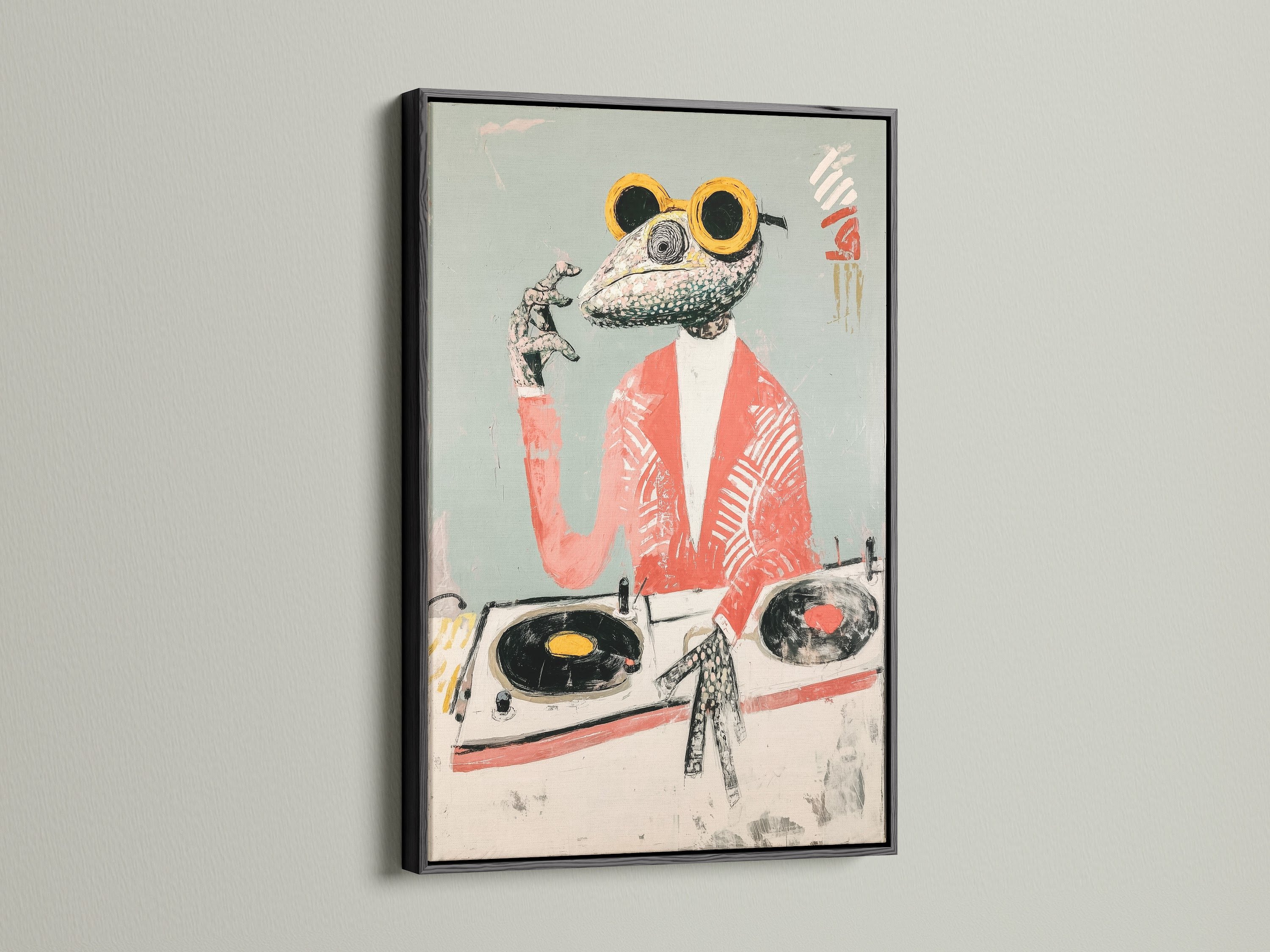 A framed Frog DJ art print features a sleek black frame. The black frame creates a modern contrast for the animal music art. It adds sophistication to hipster animal art. This cool animal print is a great choice for contemporary wall decor.