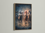 Artwork of horse racing framed in an oak frame. The artwork shows horses and jockeys in a competitive race. The oak frame adds a touch of natural elegance. Perfect wall art for any room