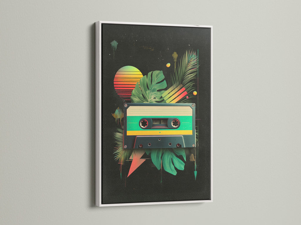 A white frame complements a colorful cassette tape art print. The white frame offers a clean modern look. The artwork features tropical leaves and a sunset. This framed art print is perfect for any space. Add a fresh touch to your home decor.