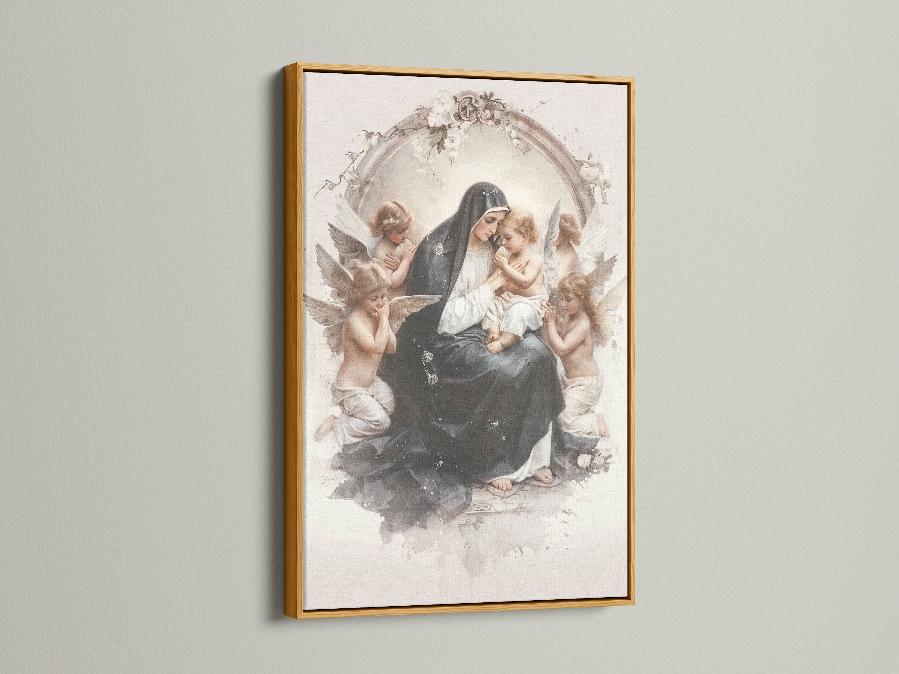 A framed artwork hangs on a white wall. The artwork depicts a woman and child surrounded by angels. The frame is gold. The gold frame adds a touch of elegance. It brings a luxurious feel to the artwork. This frame enhances the artwork's beauty.