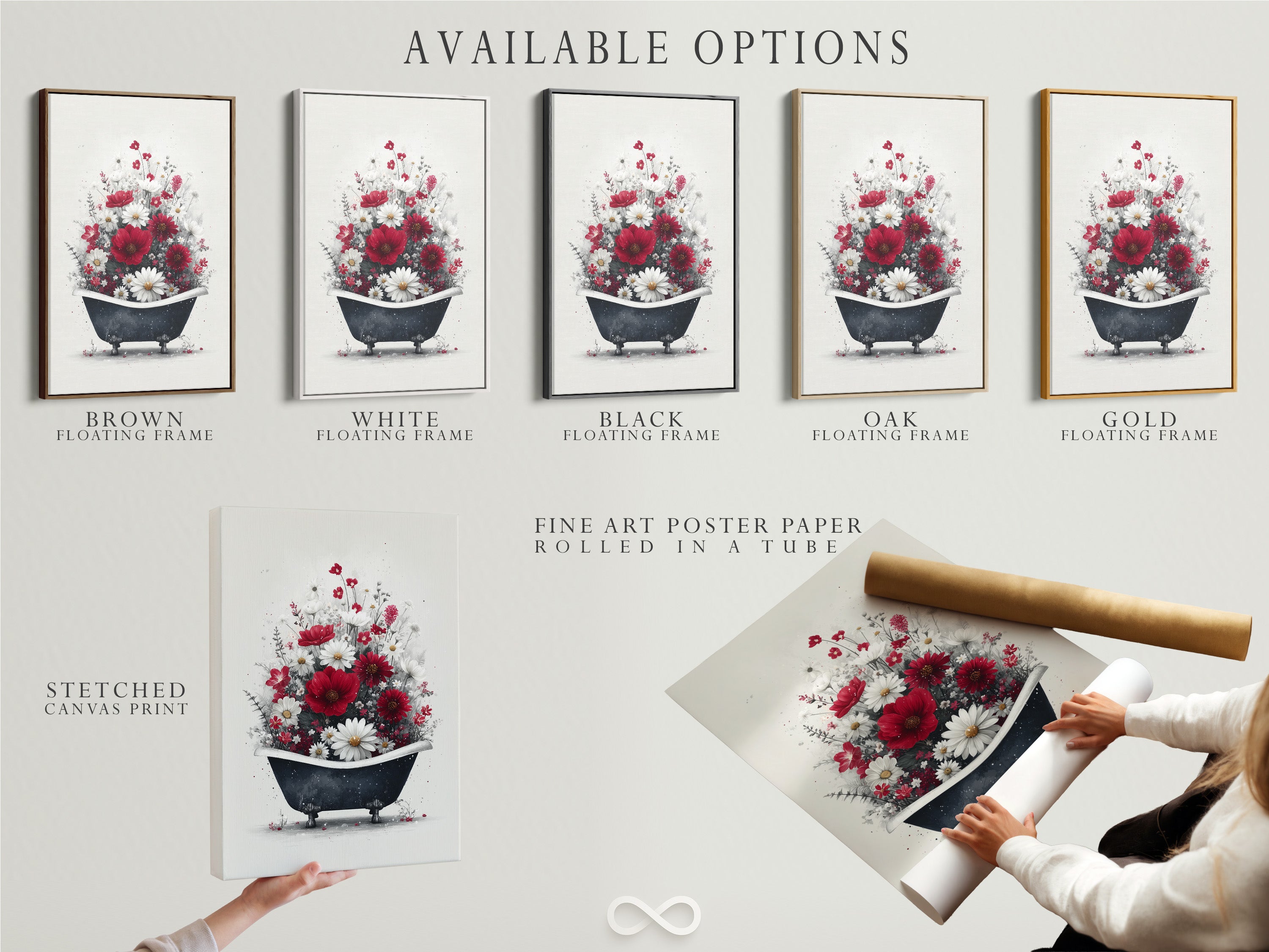 Available options for the floral bathtub artwork are displayed. The options are stretched canvas print fine art poster paper and floating frame. The artwork features red and white flowers in a vintage bathtub. Choose the perfect format for your farmhouse wall art and cottagecore decor.