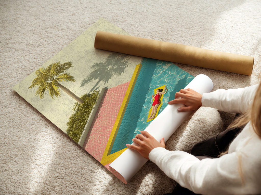 A woman is carefully rolling a fine art poster paper. She is ensuring its pristine condition. Fine art poster paper is ideal for high-quality prints. The poster paper captures every detail. This paper is perfect for art enthusiasts seeking vibrant and lasting artwork.