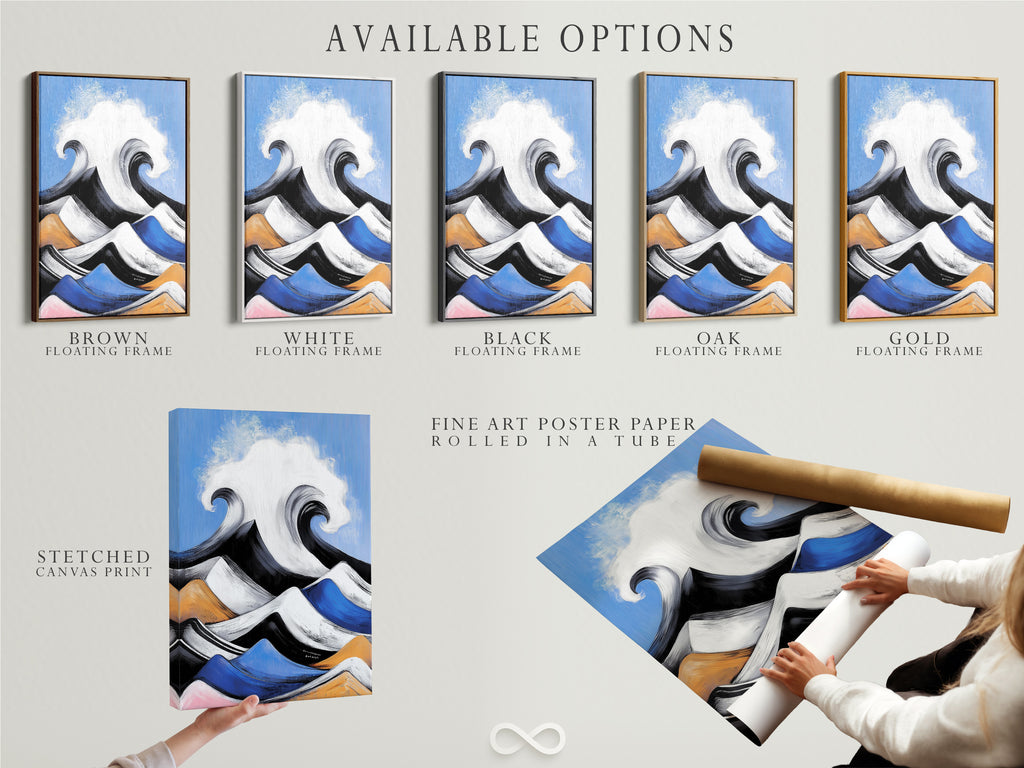 Explore available options for this ocean wave artwork. Choose from stretched canvas prints or fine art poster paper. Opt for a classic frame. This abstract seascape brings coastal beauty to your home.