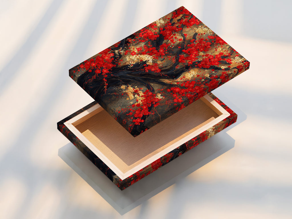 This is a detailed view of a stretched canvas print of the Red Blossoms artwork. The Japanese cherry tree wall art adds a touch of Asian botanical elegance. This red floral canvas is perfect for enhancing your dining room decor. The artwork features red and gold accents. Ideal for contemporary wall decor.