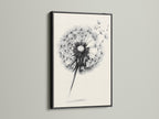 A striking dandelion artwork is presented in a black frame. The black frame adds contrast and sophistication. The frame makes a bold statement. It enhances the artwork. The black frame is perfect for adding a touch of drama to your wall decor. It creates a focal point.