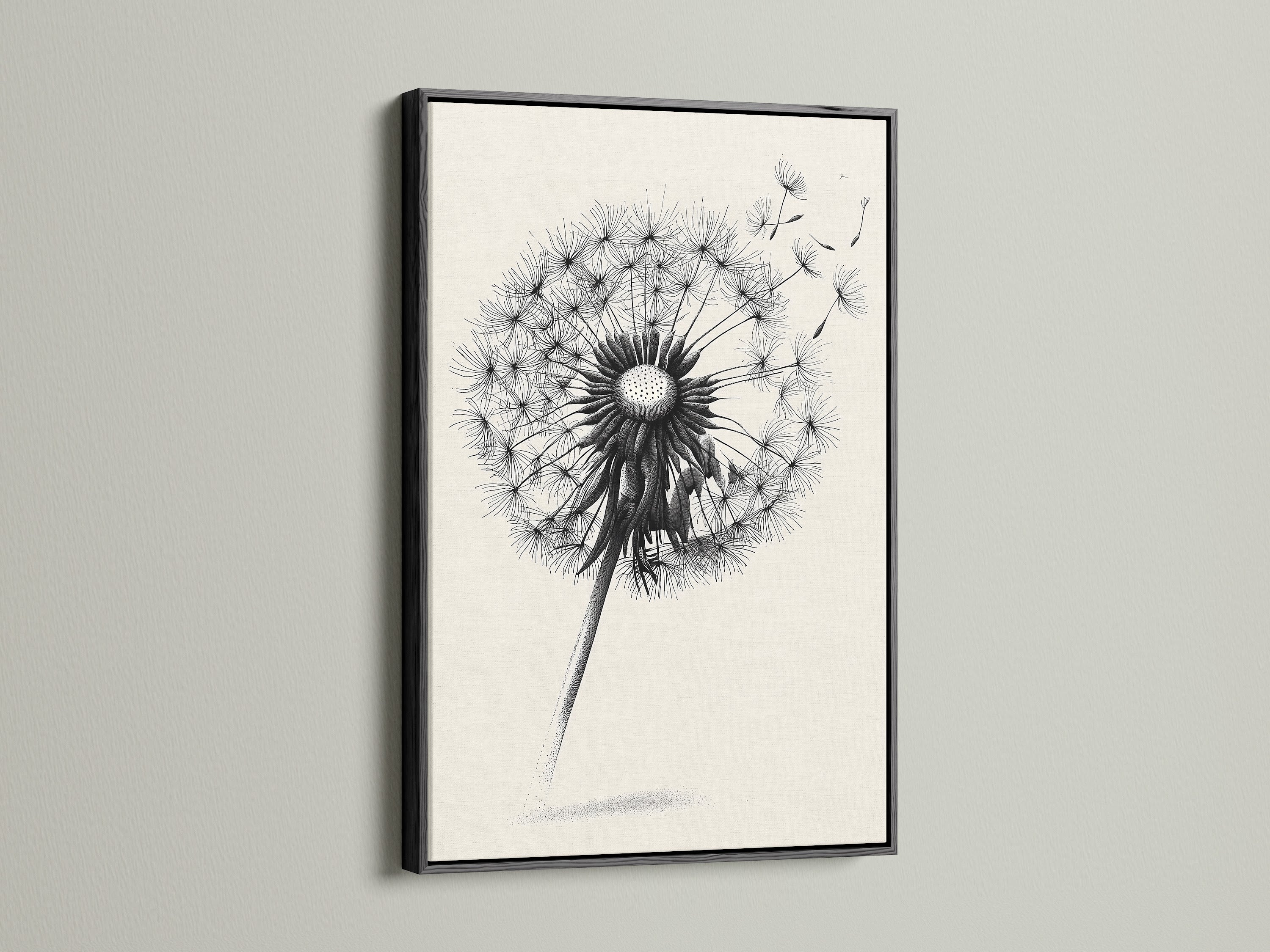 A striking dandelion artwork is presented in a black frame. The black frame adds contrast and sophistication. The frame makes a bold statement. It enhances the artwork. The black frame is perfect for adding a touch of drama to your wall decor. It creates a focal point.