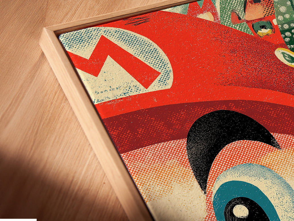 Get a closer look at the canvas print inside a floating frame. The floating frame enhances the artwork. It gives the Mario collage art print a modern look. Perfect for showcasing your retro gaming art in style.