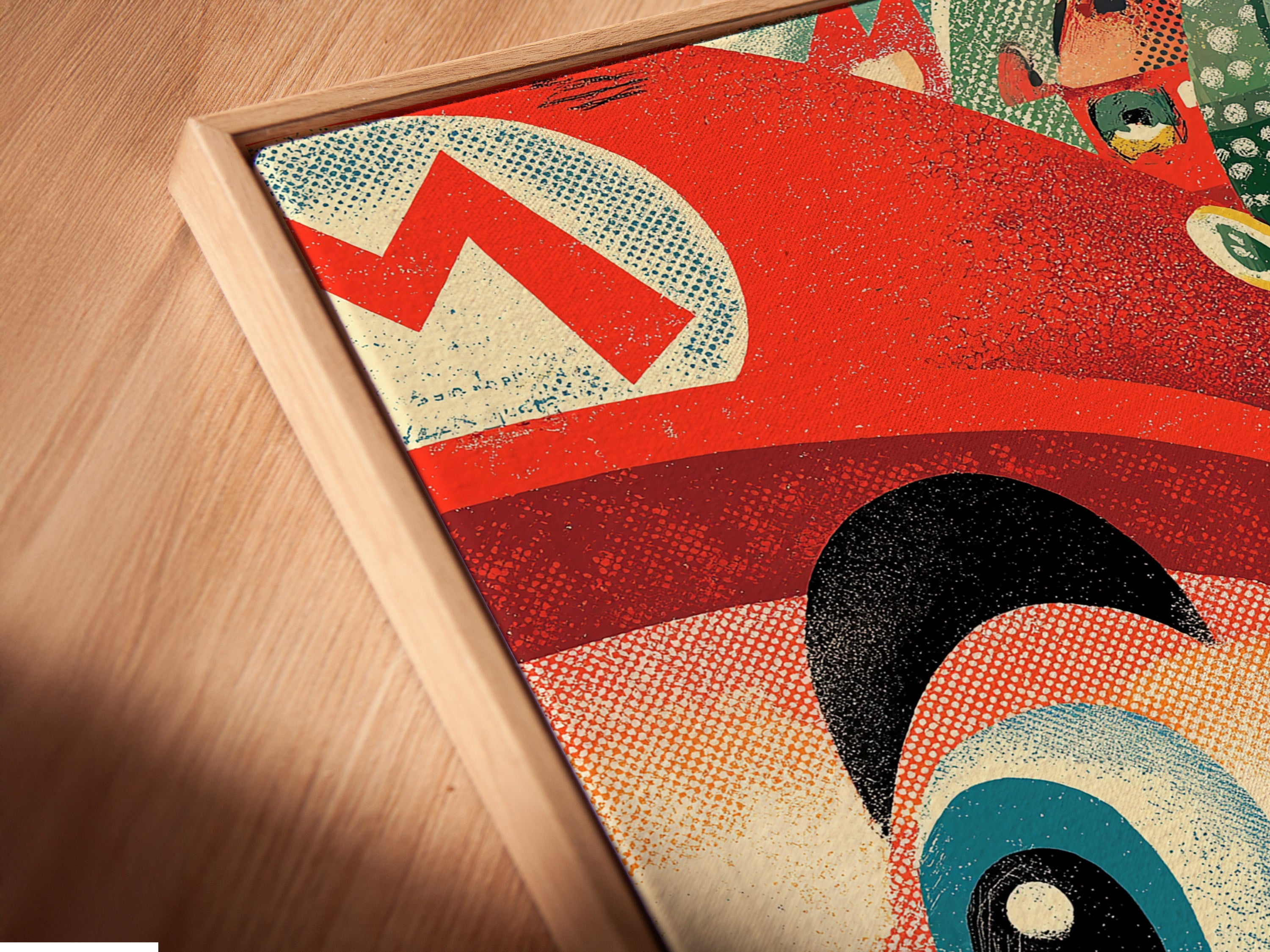 Get a closer look at the canvas print inside a floating frame. The floating frame enhances the artwork. It gives the Mario collage art print a modern look. Perfect for showcasing your retro gaming art in style.