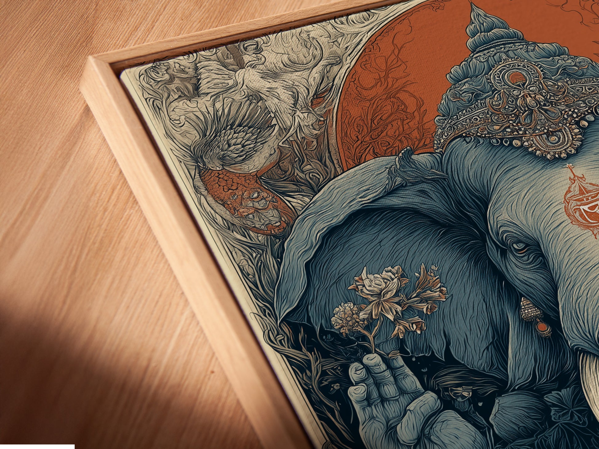 Angled close up of canvas print in a floating frame. The art shows an elephant a wolf and a fox. This spiritual wall art is perfect for a meditation room. The bohemian wall decor includes an Om symbol print. Find zen wall art and mystical artwork for your home. The primary color is blue.