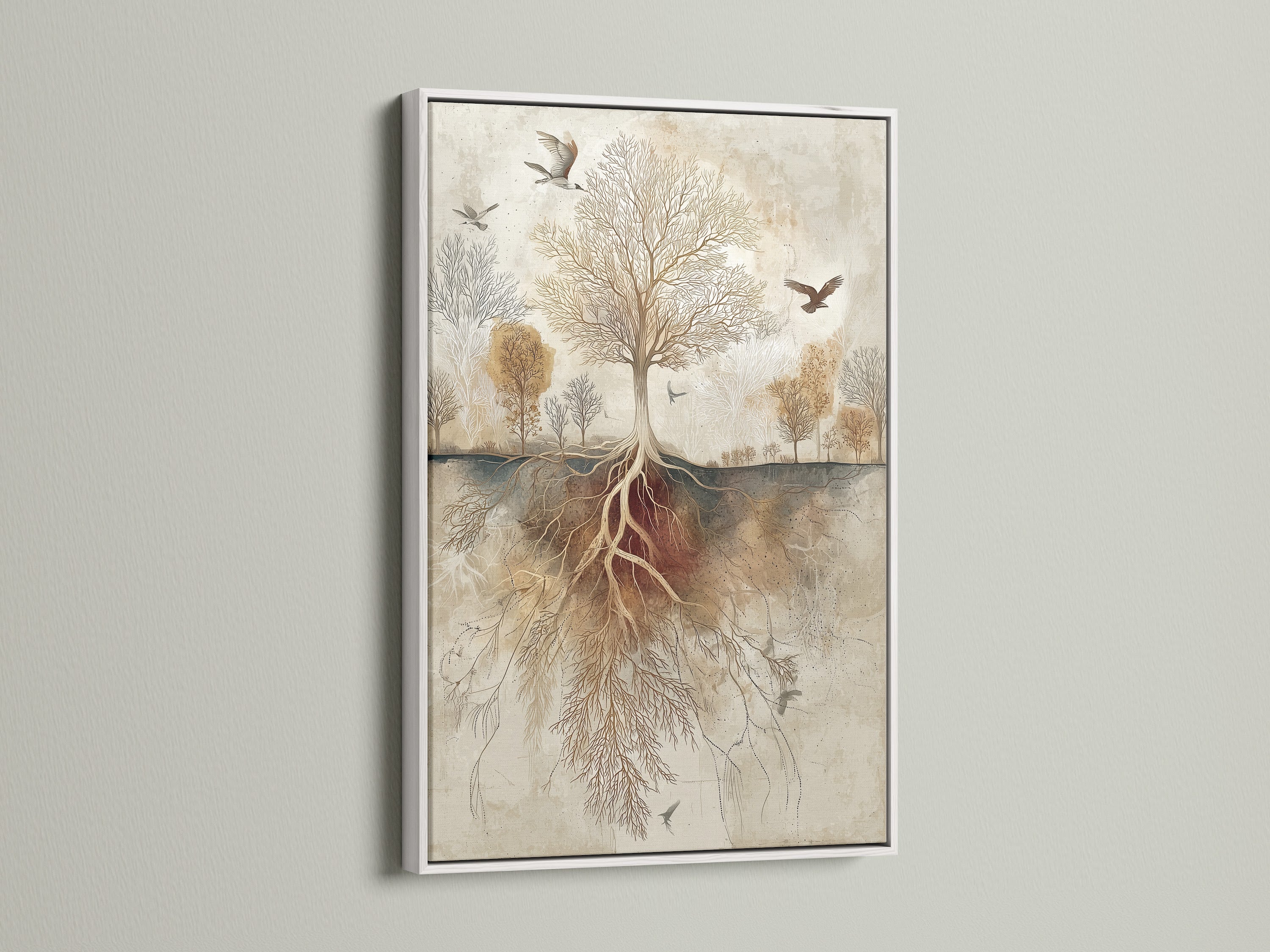 See artwork displayed in a white frame. A clean and modern look for any space. The white frame accentuates the artwork. It offers a fresh and contemporary feel. Ideal for minimalist or bright interiors. The white frame adds sophistication. It makes the artwork pop.