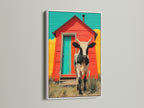 A striking cow canvas print in a white frame. This farmhouse decor adds a touch of elegance. The white frame complements the rustic barn animal artwork. Perfect for a country kitchen. Enhance your space with this rural art print.