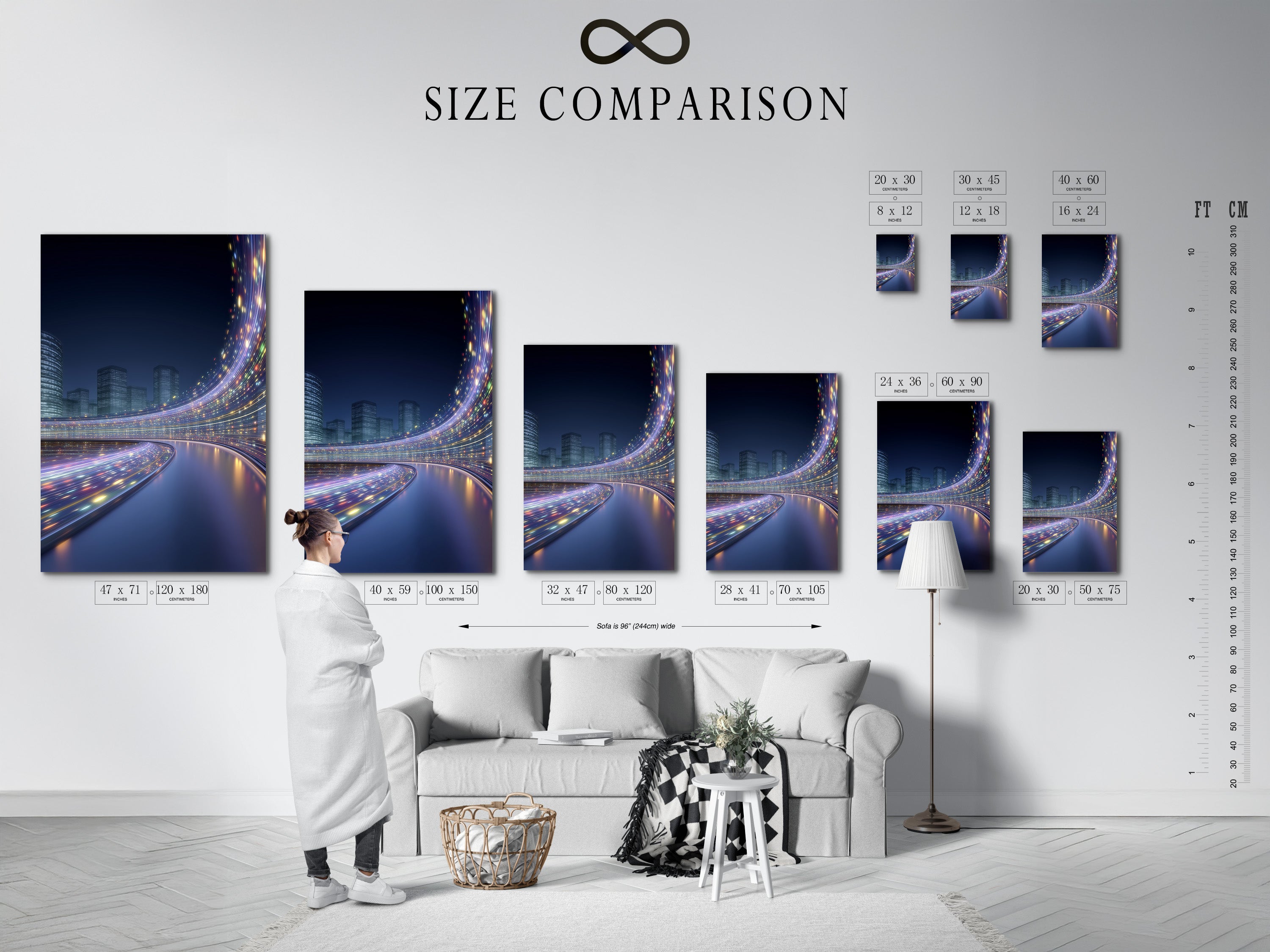 A size comparison chart is displayed in an interior setting next to the futuristic cityscape artwork. The modern urban wall art features digital city lights. This chart helps you visualize the different sizes available. Find the perfect fit for your living room bedroom or office.