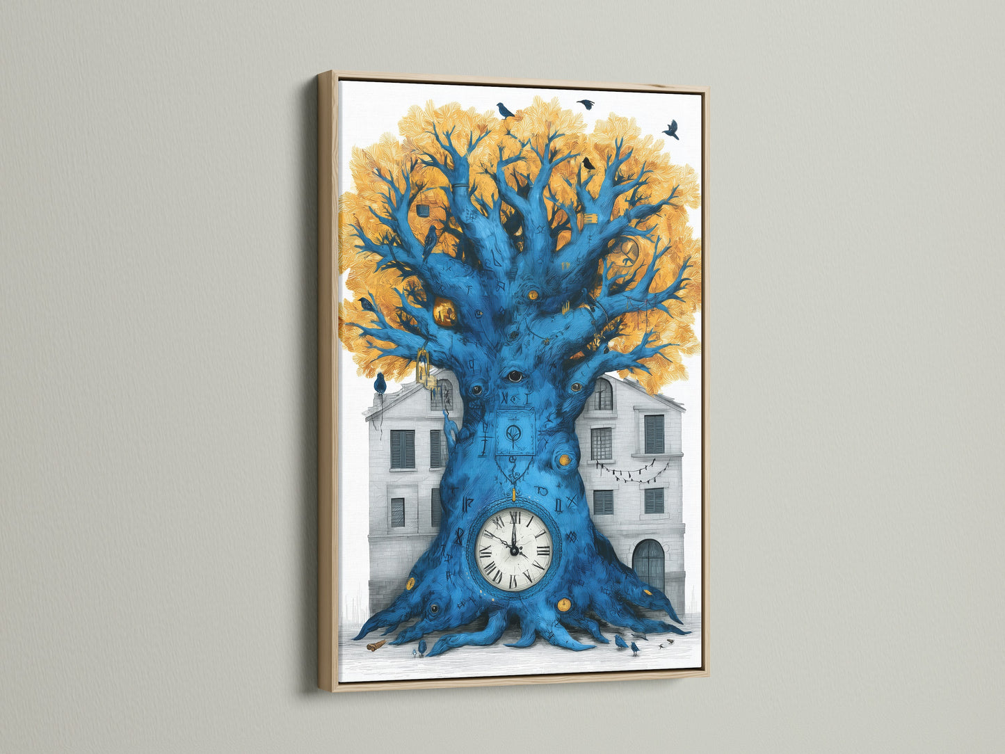 Surreal Clock Tree artwork is framed in an oak frame. The artwork shows a blue tree with a clock at its base set against a building. Black birds sit in the trees golden leaves. The tree's trunk is a vibrant blue making this a unique home art piece.