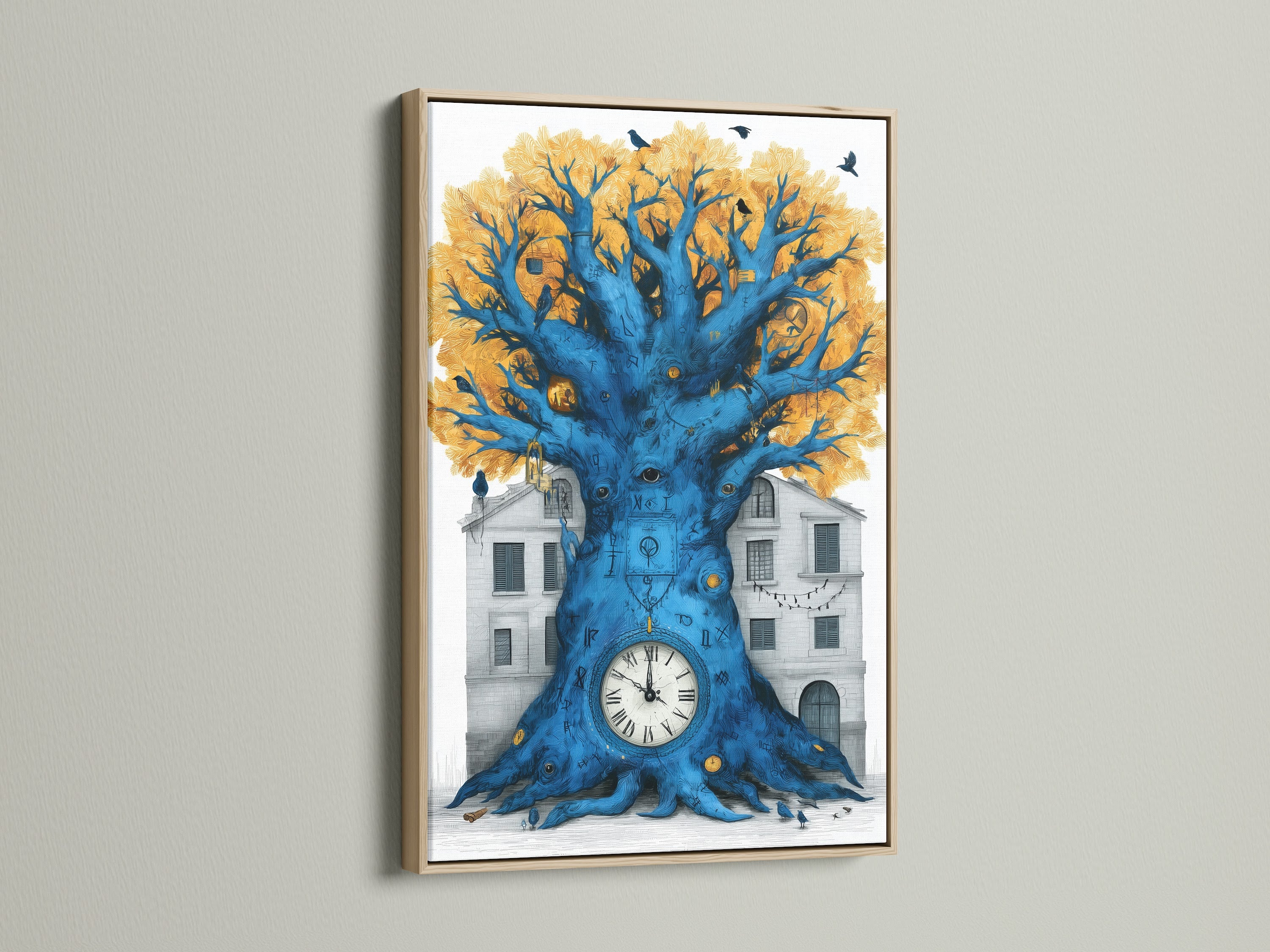 Surreal Clock Tree artwork is framed in an oak frame. The artwork shows a blue tree with a clock at its base set against a building. Black birds sit in the trees golden leaves. The tree's trunk is a vibrant blue making this a unique home art piece.