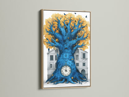 Surreal Clock Tree artwork is framed in an oak frame. The artwork shows a blue tree with a clock at its base set against a building. Black birds sit in the trees golden leaves. The tree's trunk is a vibrant blue making this a unique home art piece.