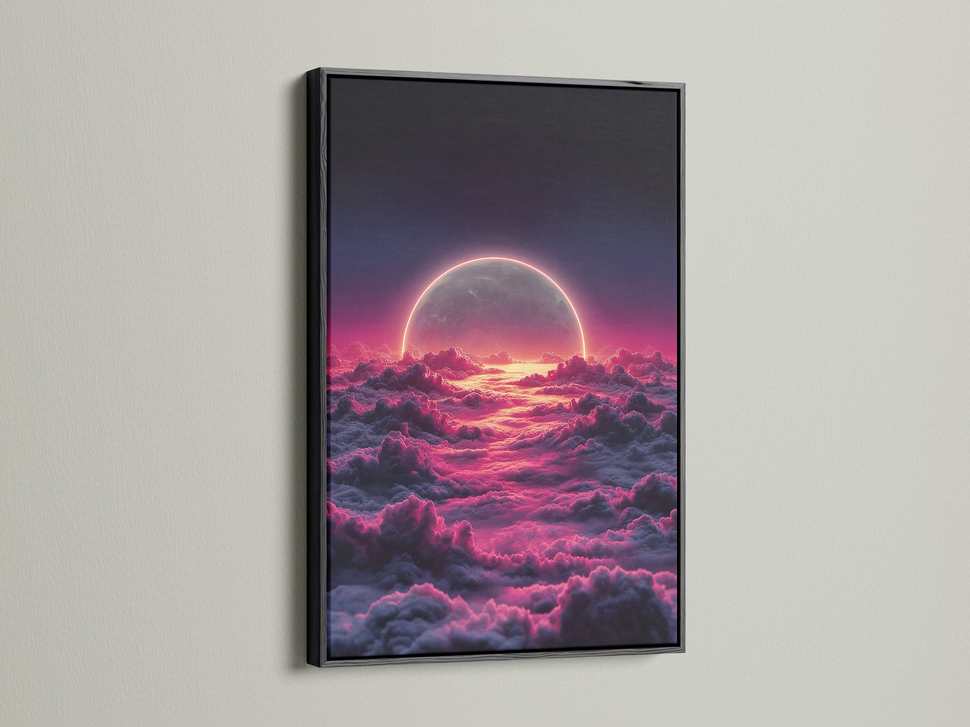 The celestial moon artwork is presented in a black frame. Pink and purple hues create a dreamy aesthetic. Ideal for modern bedroom decor. The moon canvas is a cosmic focal point. Add depth and style with this space-themed art.